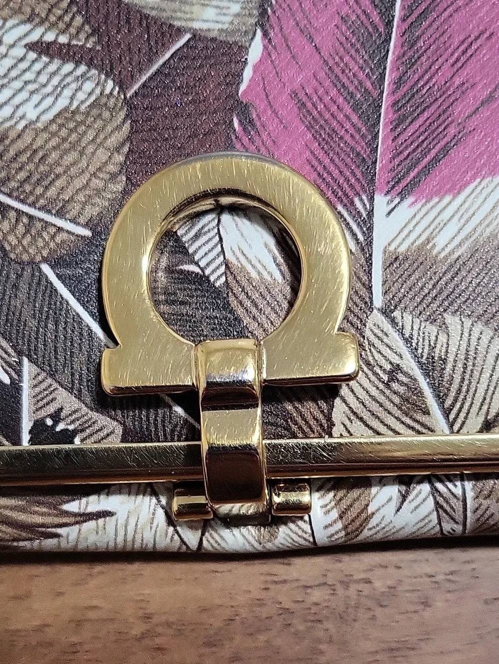 Salvatore Ferragamo Feather Print Leather Wallet in Brown, Pink & Cream - Picture 3 of 16